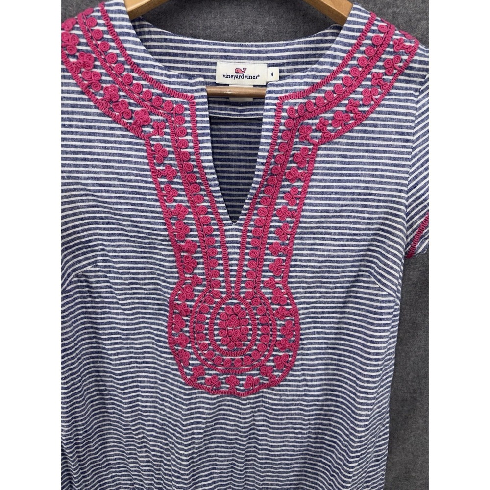 Vineyard Vines Blue White Striped Pink Embroidered Linen Cotton Tunic‎ Dress  4